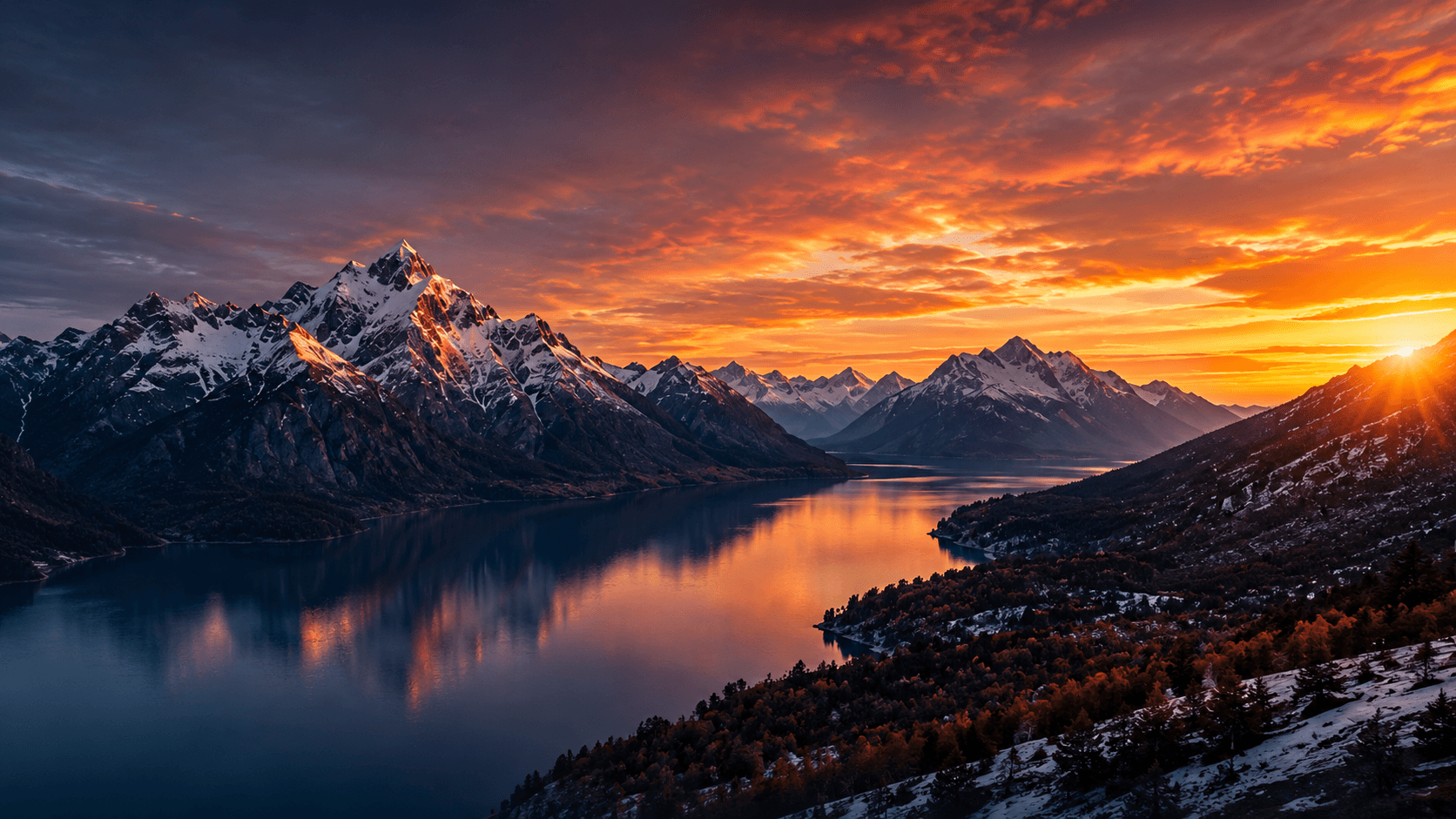 Paisaje de montanas y lago al atardecer
